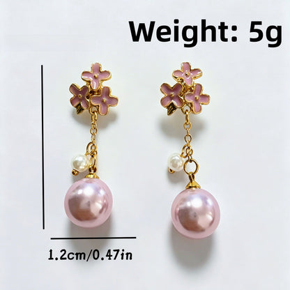 Natural Pink Enamel Flowers Drop Earrings For Women Featuring 925 Sterling Silver Studs And Zinc Alloy Craft