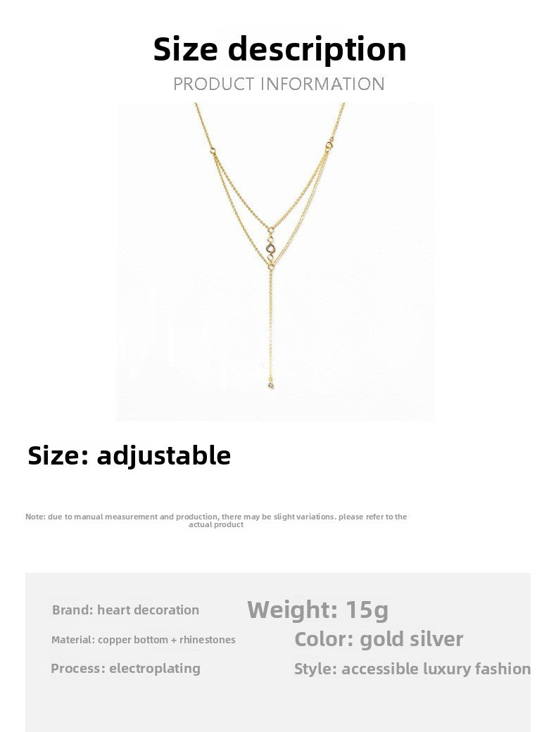 Silver Alloy Tassel Chain Necklace For Women Featuring Geometric Pattern And Electroplated Finish With Rhinestones Inlay