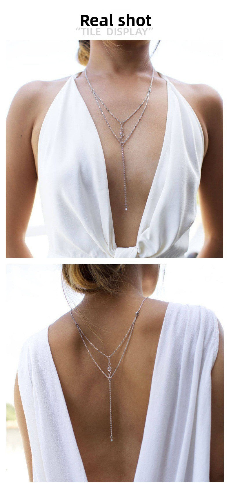 Silver Alloy Tassel Chain Necklace For Women Featuring Geometric Pattern And Electroplated Finish With Rhinestones Inlay