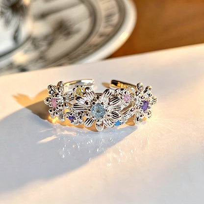 Women’s Open Copper Ring With Flower Pattern And Zircon Inlay In Light Blue