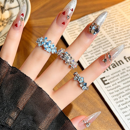 Women’s Open Copper Ring With Flower Pattern And Zircon Inlay In Light Blue