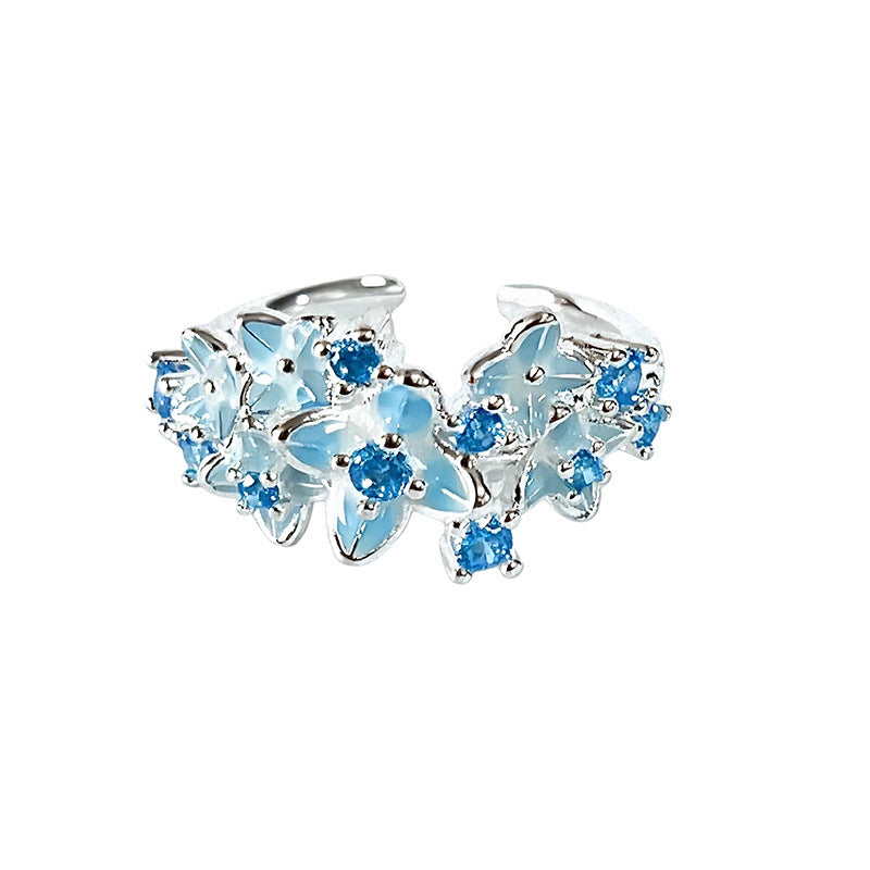 Women’s Open Copper Ring With Flower Pattern And Zircon Inlay In Light Blue