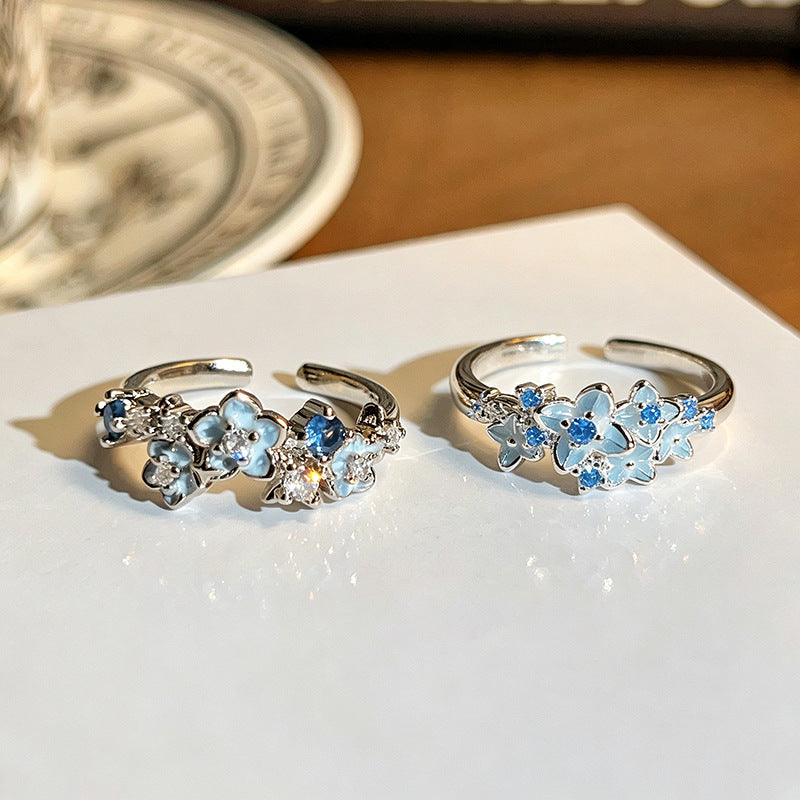 Women’s Open Copper Ring With Flower Pattern And Zircon Inlay In Light Blue