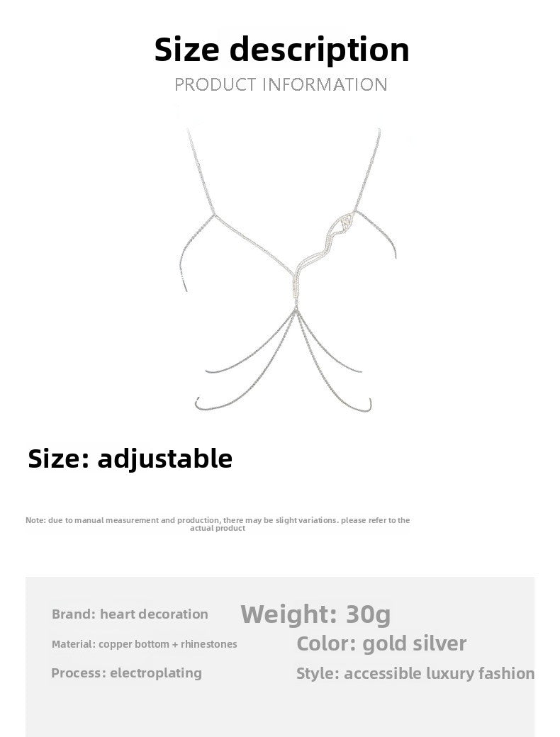 Silver Body Chain For Women Featuring Snake Pattern With Electroplated Finish And White Crystal Rhinestones