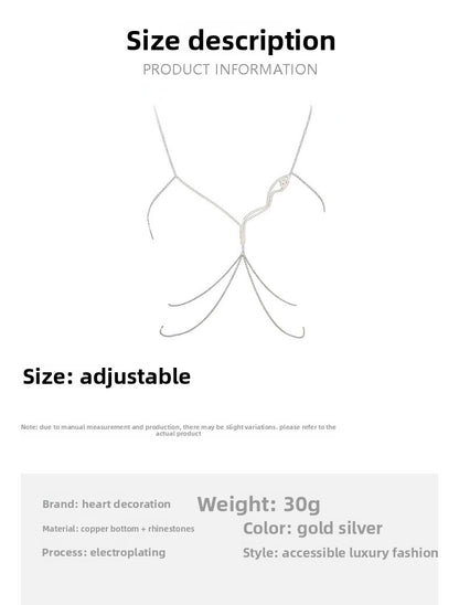 Silver Body Chain For Women Featuring Snake Pattern With Electroplated Finish And White Crystal Rhinestones