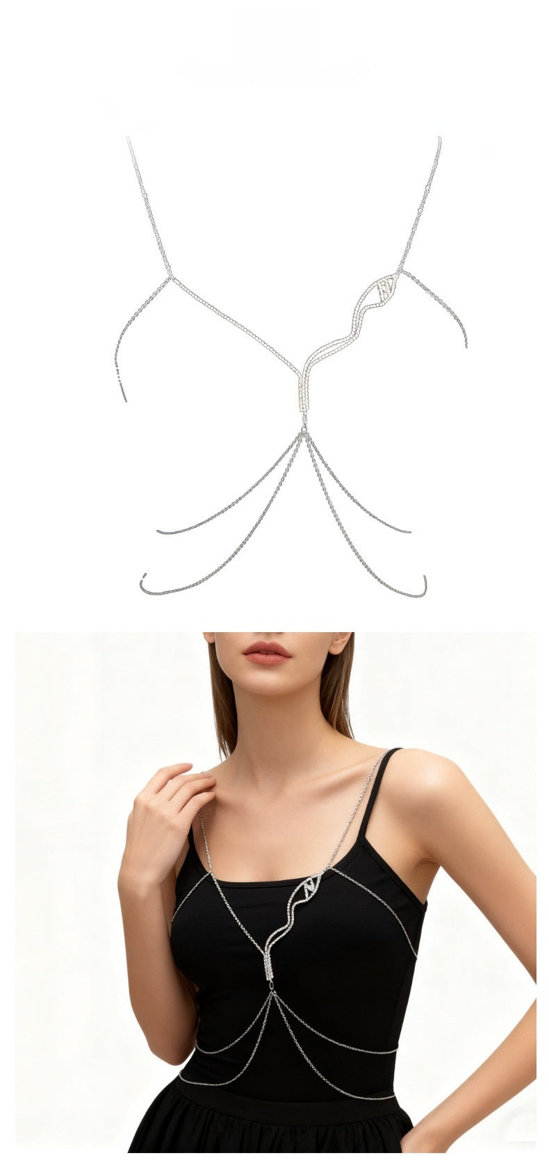 Silver Body Chain For Women Featuring Snake Pattern With Electroplated Finish And White Crystal Rhinestones