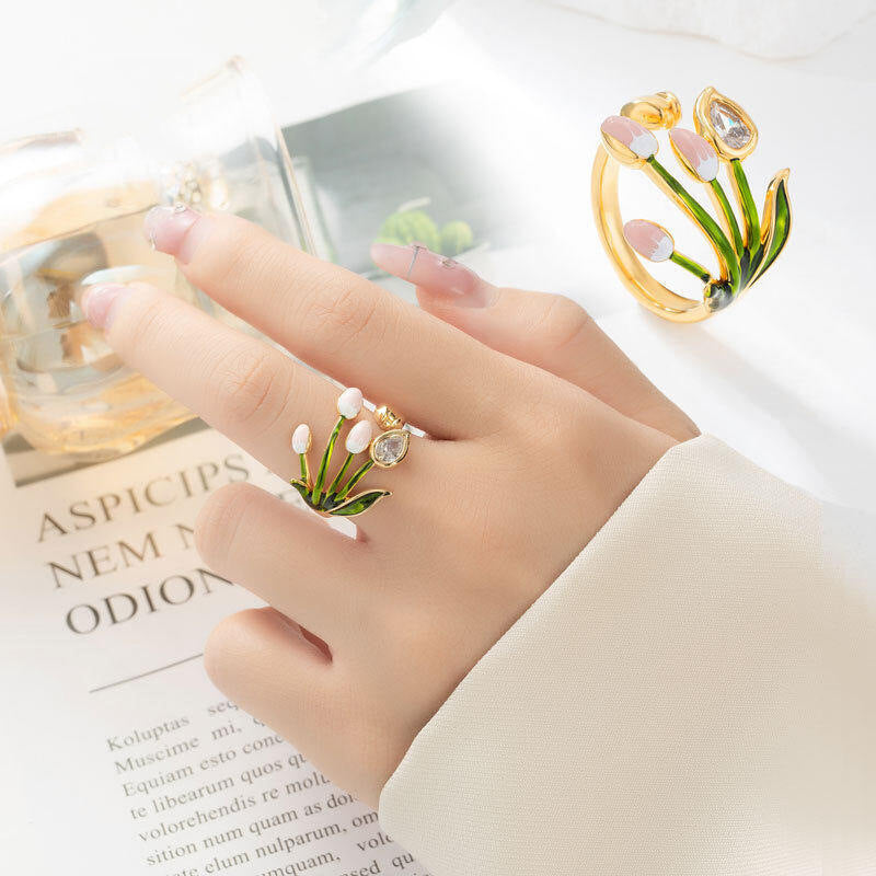 Sweet Adjustable Ring For Women Featuring Electroplated Zinc Alloy With Tulips Design