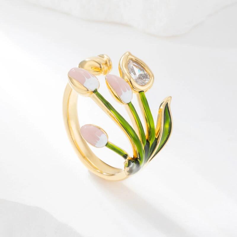 Sweet Adjustable Ring For Women Featuring Electroplated Zinc Alloy With Tulips Design