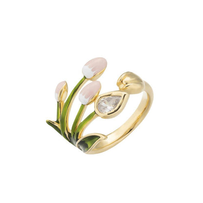 Sweet Adjustable Ring For Women Featuring Electroplated Zinc Alloy With Tulips Design