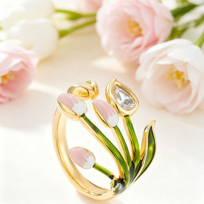 Sweet Adjustable Ring For Women Featuring Electroplated Zinc Alloy With Tulips Design