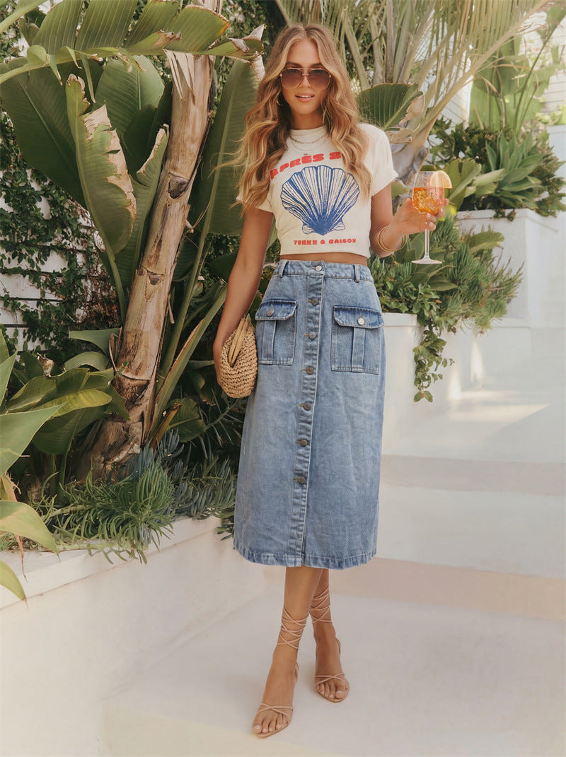 Solid Color Slim Hip Skirt In Denim Cotton With Front Button, Vintage Style For Spring