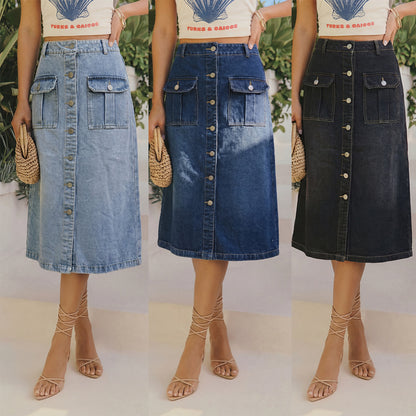Solid Color Slim Hip Skirt In Denim Cotton With Front Button, Vintage Style For Spring