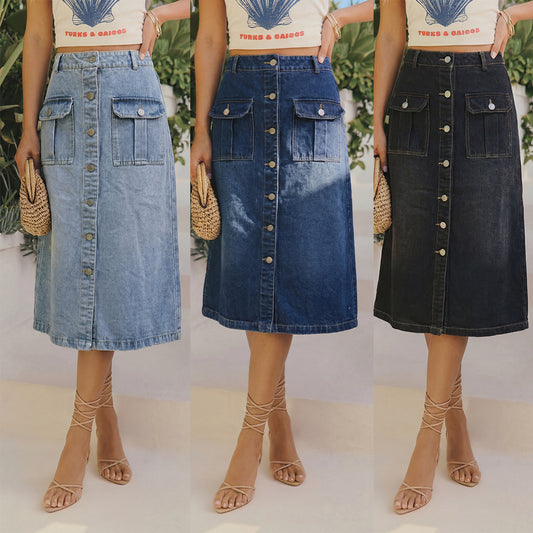 Solid Color Slim Hip Skirt In Denim Cotton With Front Button, Vintage Style For Spring