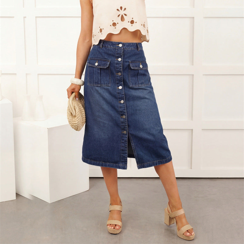 Solid Color Slim Hip Skirt In Denim Cotton With Front Button, Vintage Style For Spring