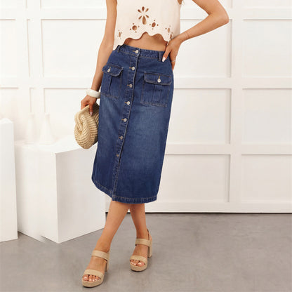 Solid Color Slim Hip Skirt In Denim Cotton With Front Button, Vintage Style For Spring