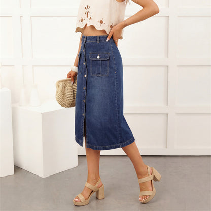 Solid Color Slim Hip Skirt In Denim Cotton With Front Button, Vintage Style For Spring