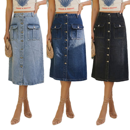 Solid Color Slim Hip Skirt In Denim Cotton With Front Button, Vintage Style For Spring