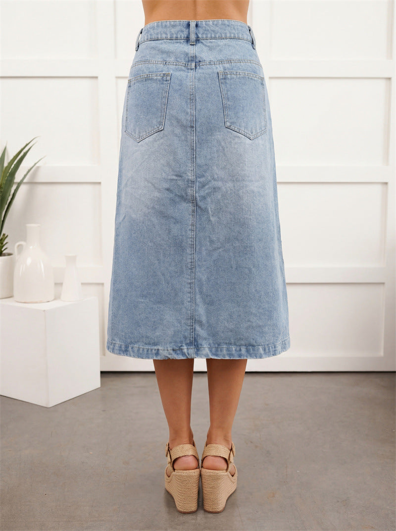 Solid Color Slim Hip Skirt In Denim Cotton With Front Button, Vintage Style For Spring