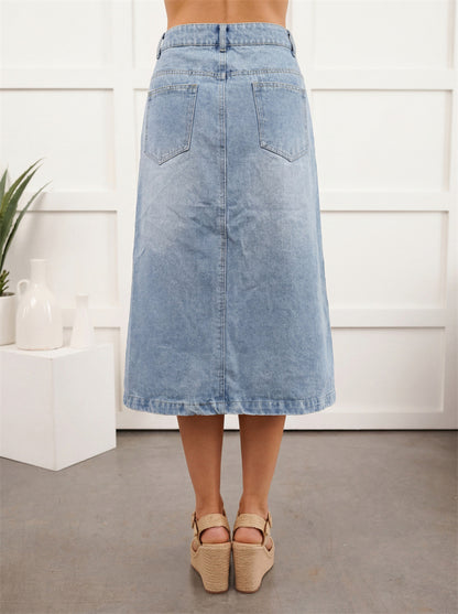 Solid Color Slim Hip Skirt In Denim Cotton With Front Button, Vintage Style For Spring