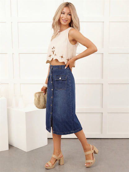 Solid Color Slim Hip Skirt In Denim Cotton With Front Button, Vintage Style For Spring