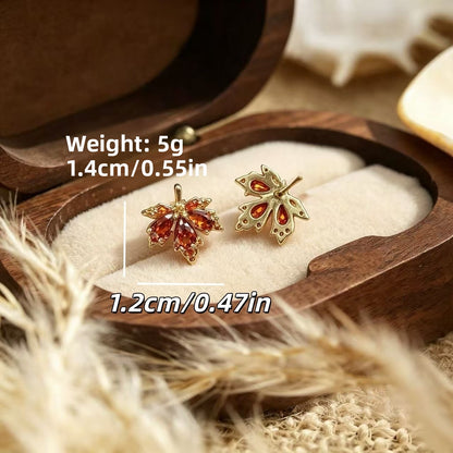 Maple Leaf Stud Earrings For Women In Copper With Zircon Inlay, Featuring 925 Sterling Silver Posts In Sweet Style