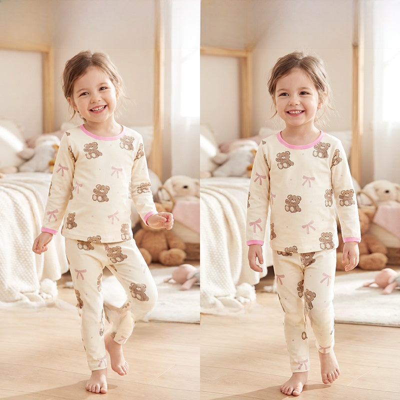 Cute Cartoon Children's Home Clothes Set In Soft Cotton With Round Neck And Long Sleeves For Autumn