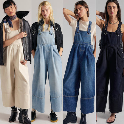 Women's Inelastic Denim Cotton Dungarees Full Length Casual Jeans With Washed Finish For Spring