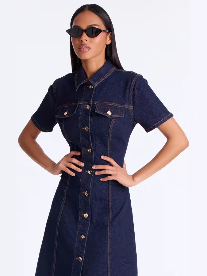 Solid Color Casual Denim Dress With Lapel Neckline And Short Sleeves, Knee-Length Style