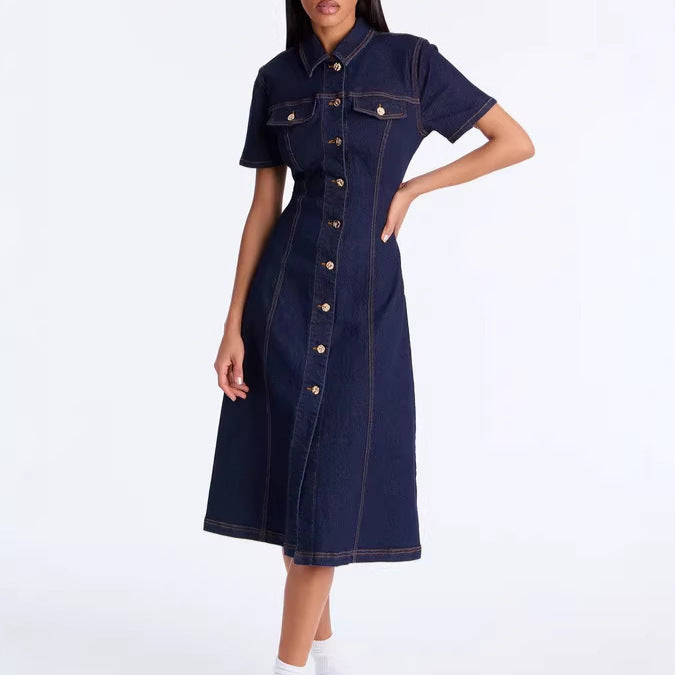 Solid Color Casual Denim Dress With Lapel Neckline And Short Sleeves, Knee-Length Style