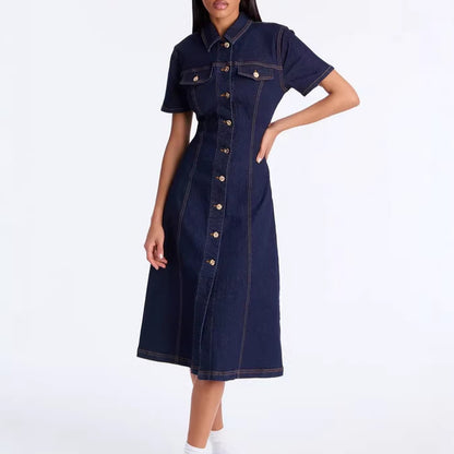 Solid Color Casual Denim Dress With Lapel Neckline And Short Sleeves, Knee-Length Style