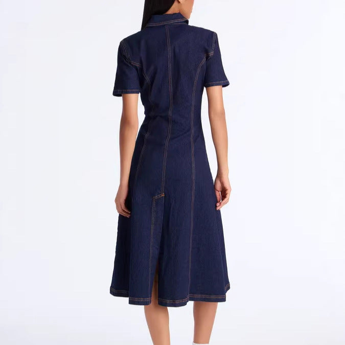 Solid Color Casual Denim Dress With Lapel Neckline And Short Sleeves, Knee-Length Style