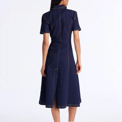 Solid Color Casual Denim Dress With Lapel Neckline And Short Sleeves, Knee-Length Style