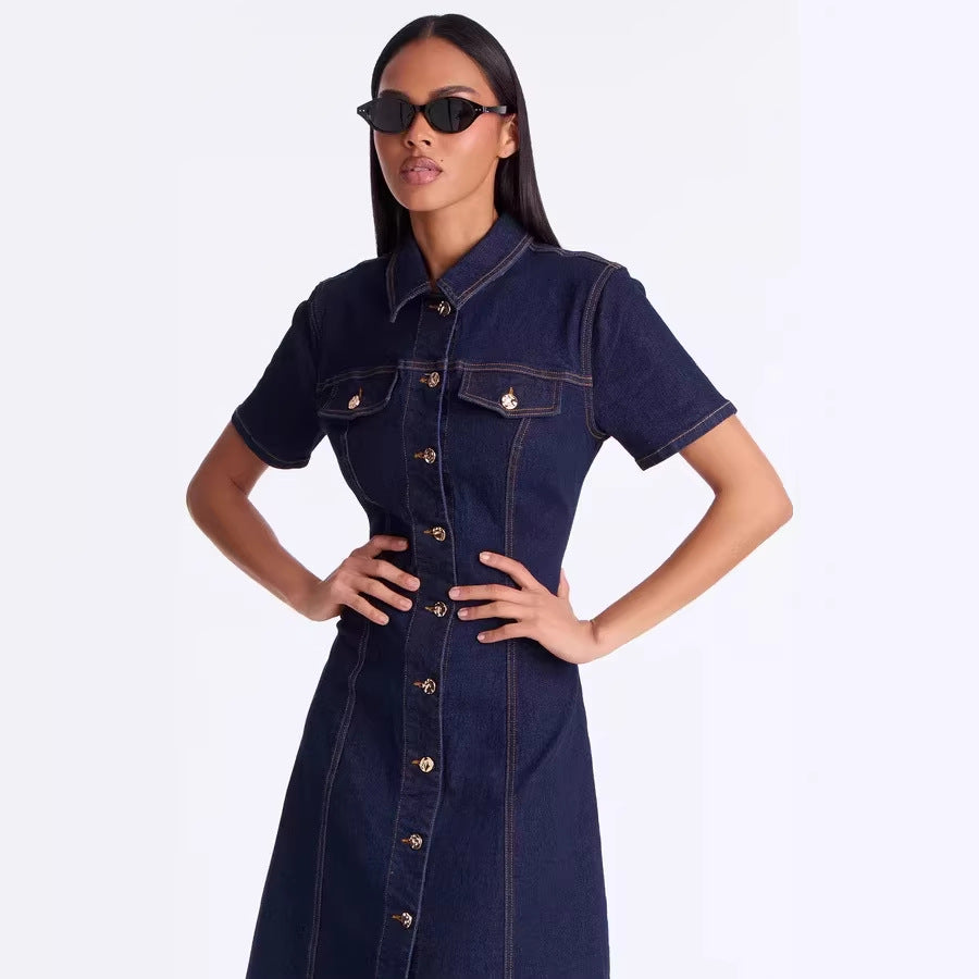 Solid Color Casual Denim Dress With Lapel Neckline And Short Sleeves, Knee-Length Style