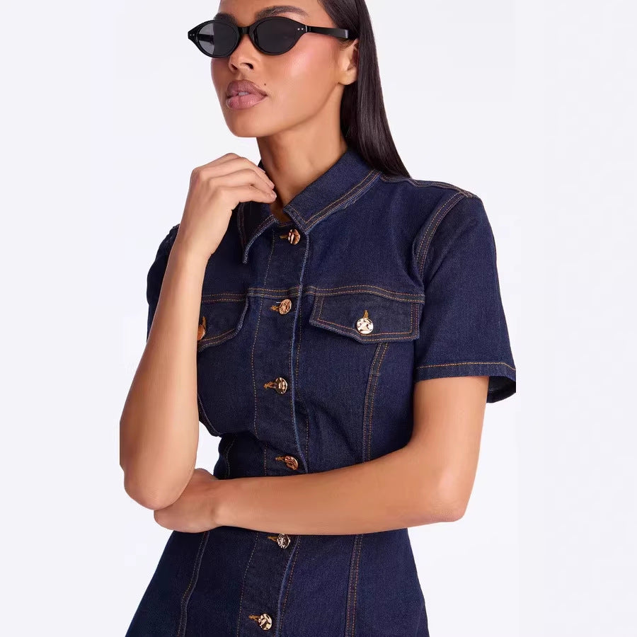 Solid Color Casual Denim Dress With Lapel Neckline And Short Sleeves, Knee-Length Style