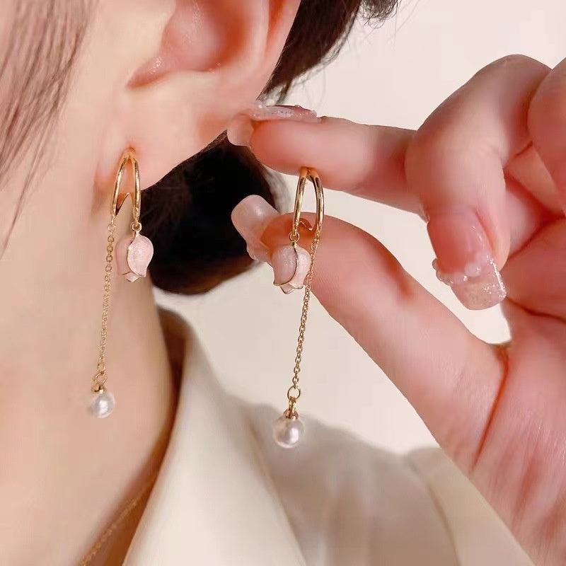 Sweet Flowers Tassel Earrings For Unisex In Natural Pink Alloy, Featuring Stud Design