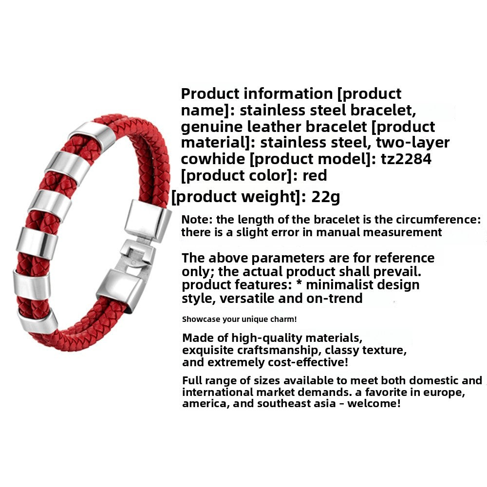 Double Ring Simple Style Wristband In Red Featuring PU Leather And Leather Rope, Unisex Bracelet