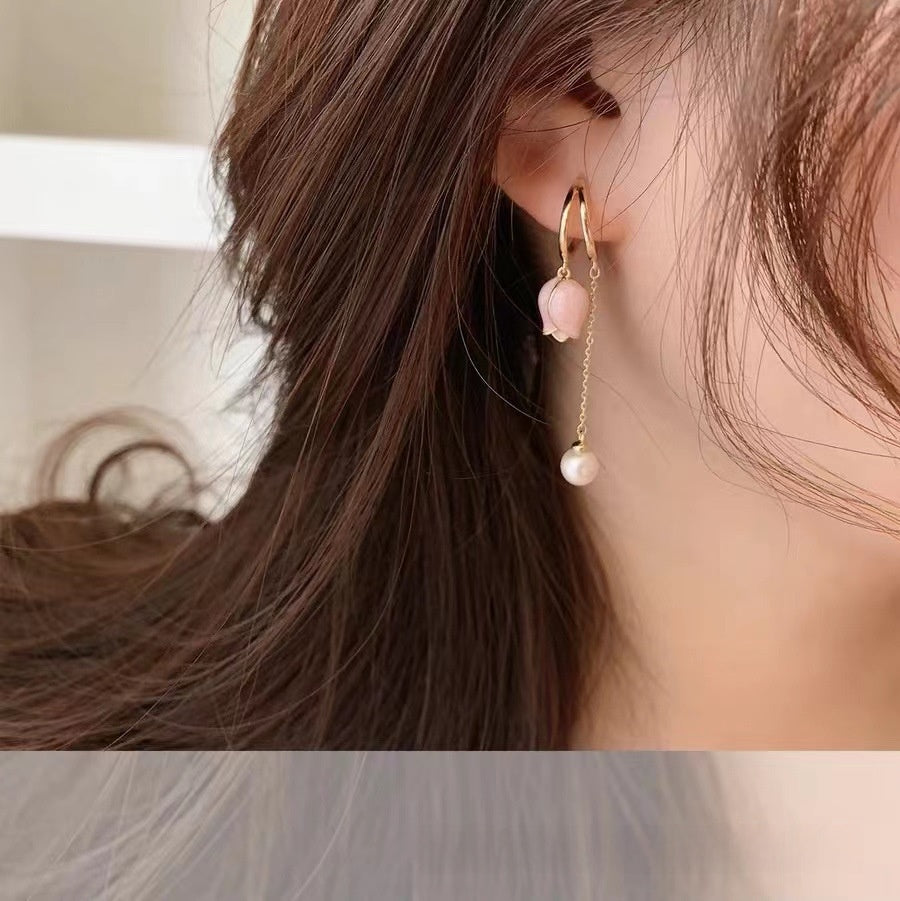 Sweet Flowers Tassel Earrings For Unisex In Natural Pink Alloy, Featuring Stud Design