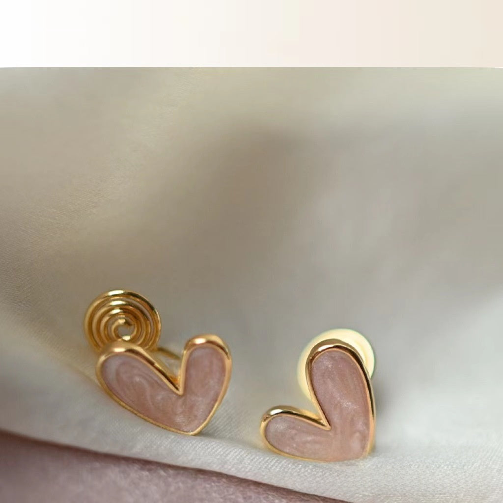 Sweet Heart Shape Stud Earrings For Women With Natural Pink Enamel Finish In Alloy