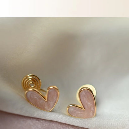 Sweet Heart Shape Stud Earrings For Women With Natural Pink Enamel Finish In Alloy