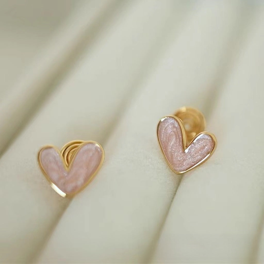 Sweet Heart Shape Stud Earrings For Women With Natural Pink Enamel Finish In Alloy