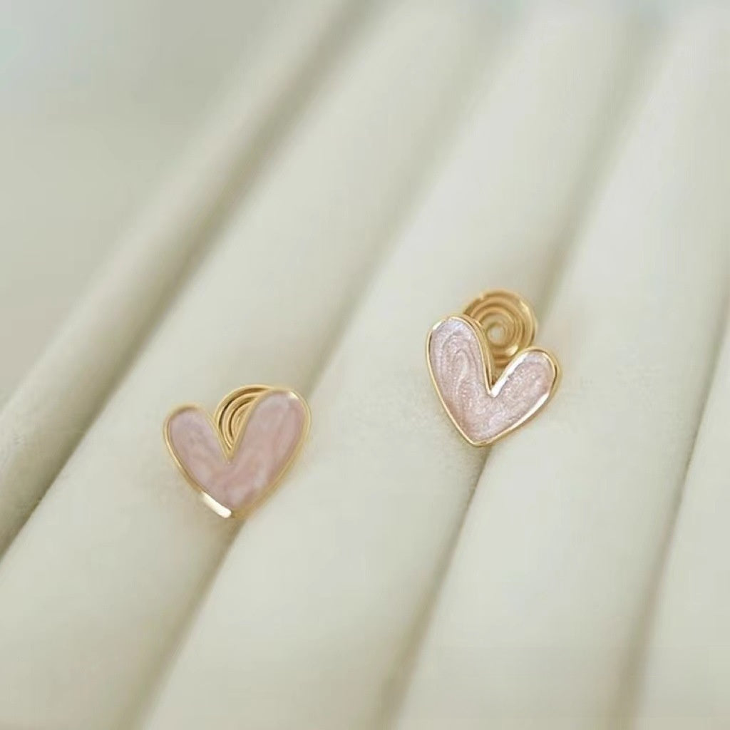 Sweet Heart Shape Stud Earrings For Women With Natural Pink Enamel Finish In Alloy