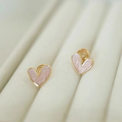 Sweet Heart Shape Stud Earrings For Women With Natural Pink Enamel Finish In Alloy