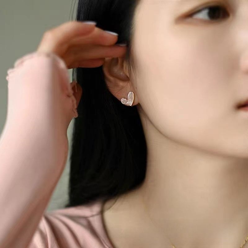 Sweet Heart Shape Stud Earrings For Women With Natural Pink Enamel Finish In Alloy