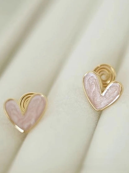 Sweet Heart Shape Stud Earrings For Women With Natural Pink Enamel Finish In Alloy