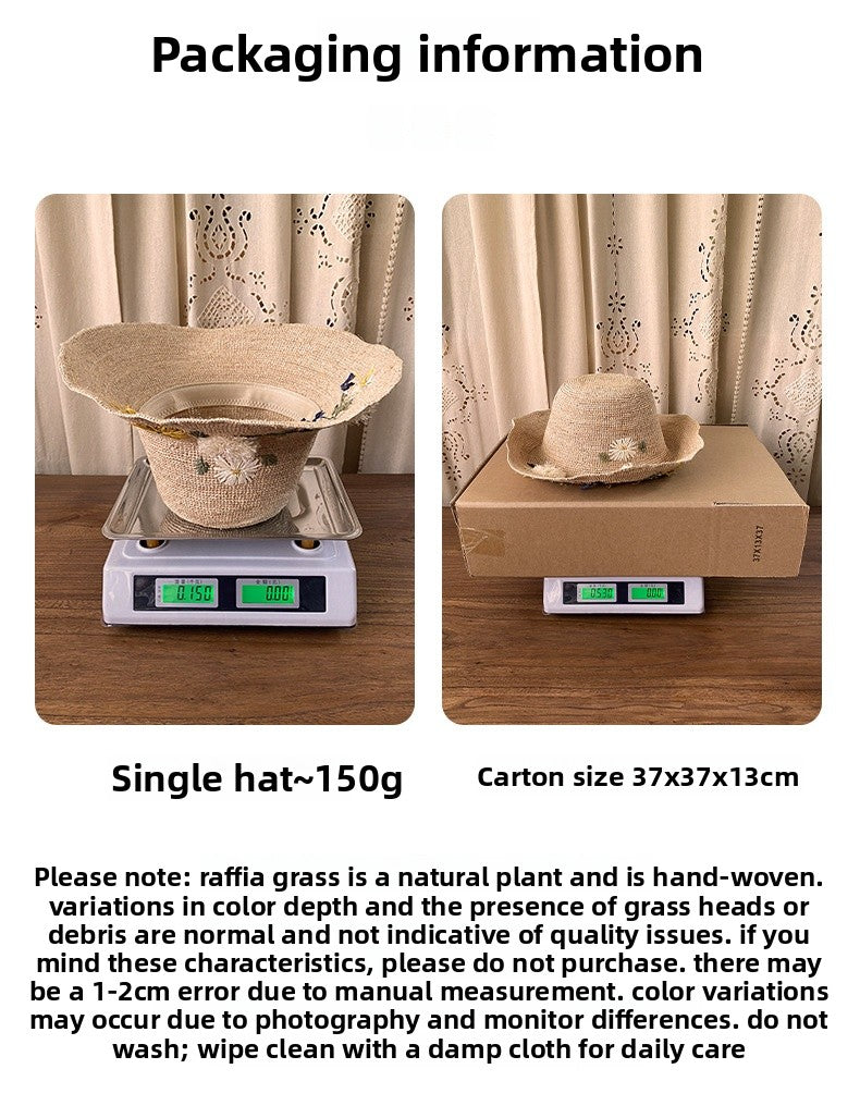 Women’s Wide Brim Straw Hat With Embroidered Flowers, UV Protection Vacation Style