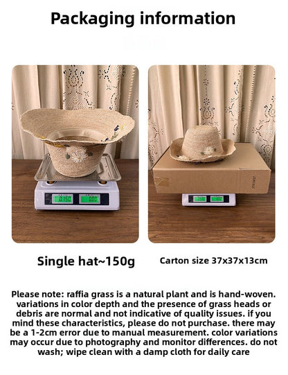 Women’s Wide Brim Straw Hat With Embroidered Flowers, UV Protection Vacation Style