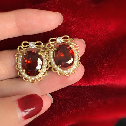Retro Round Stud Earrings With Crystal Inlay In Wine Red, Alloy Body Featuring 925 Sterling Silver Ear Pins