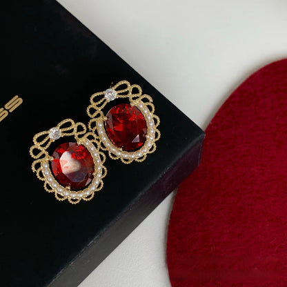 Retro Round Stud Earrings With Crystal Inlay In Wine Red, Alloy Body Featuring 925 Sterling Silver Ear Pins