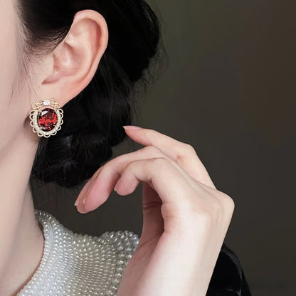 Retro Round Stud Earrings With Crystal Inlay In Wine Red, Alloy Body Featuring 925 Sterling Silver Ear Pins