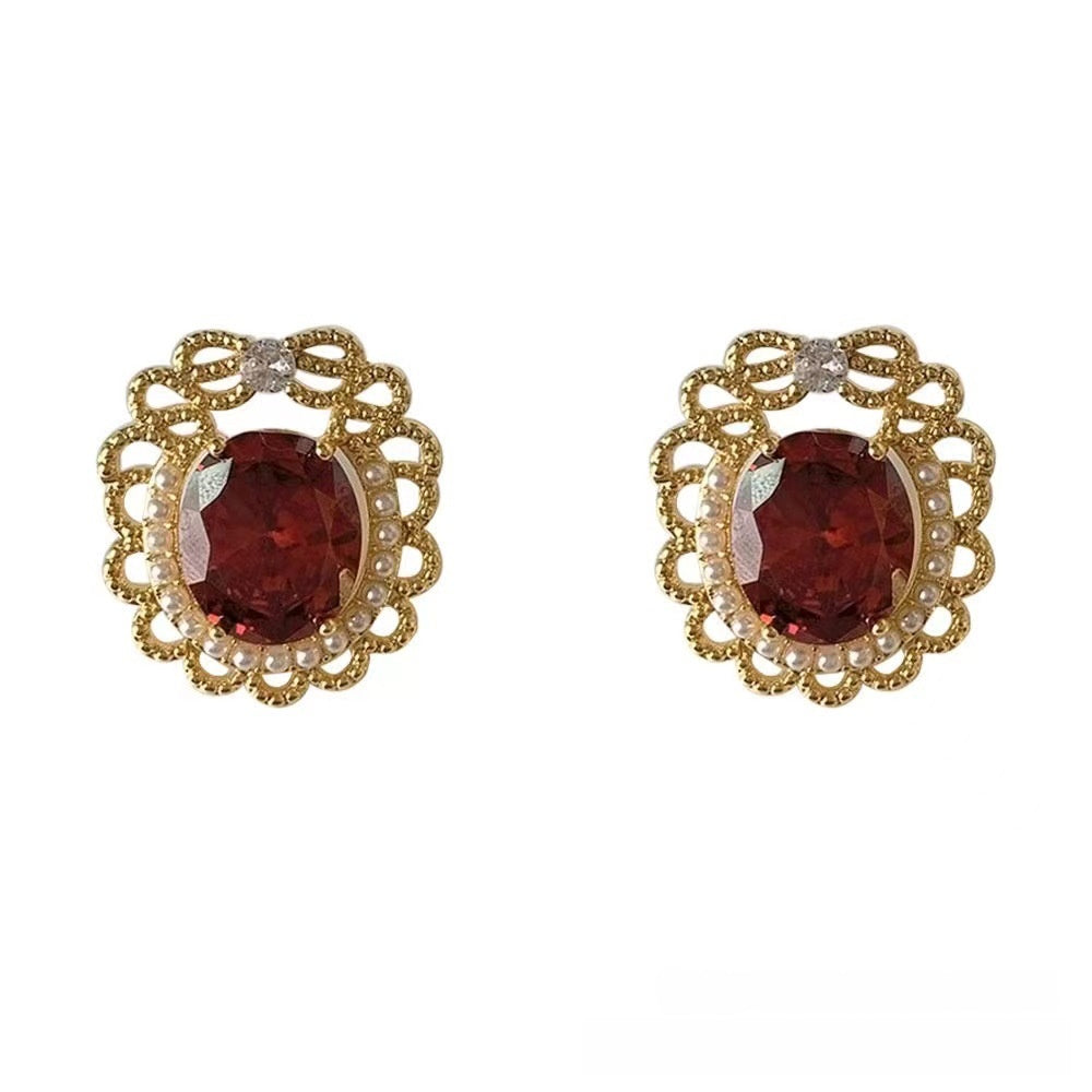 Retro Round Stud Earrings With Crystal Inlay In Wine Red, Alloy Body Featuring 925 Sterling Silver Ear Pins
